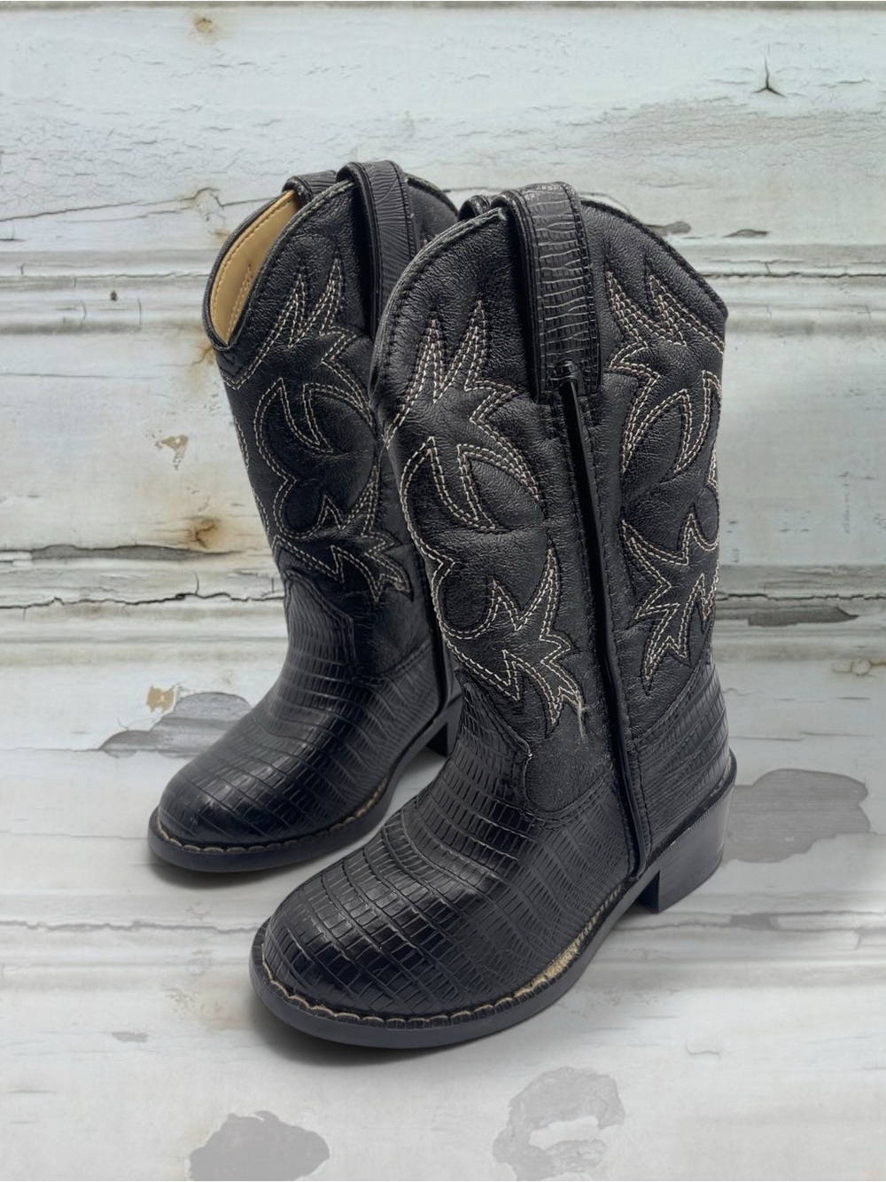 Vtg Honchos Toddler Black Faux Lizard Western Cowboy Boots | Size 6.5 T